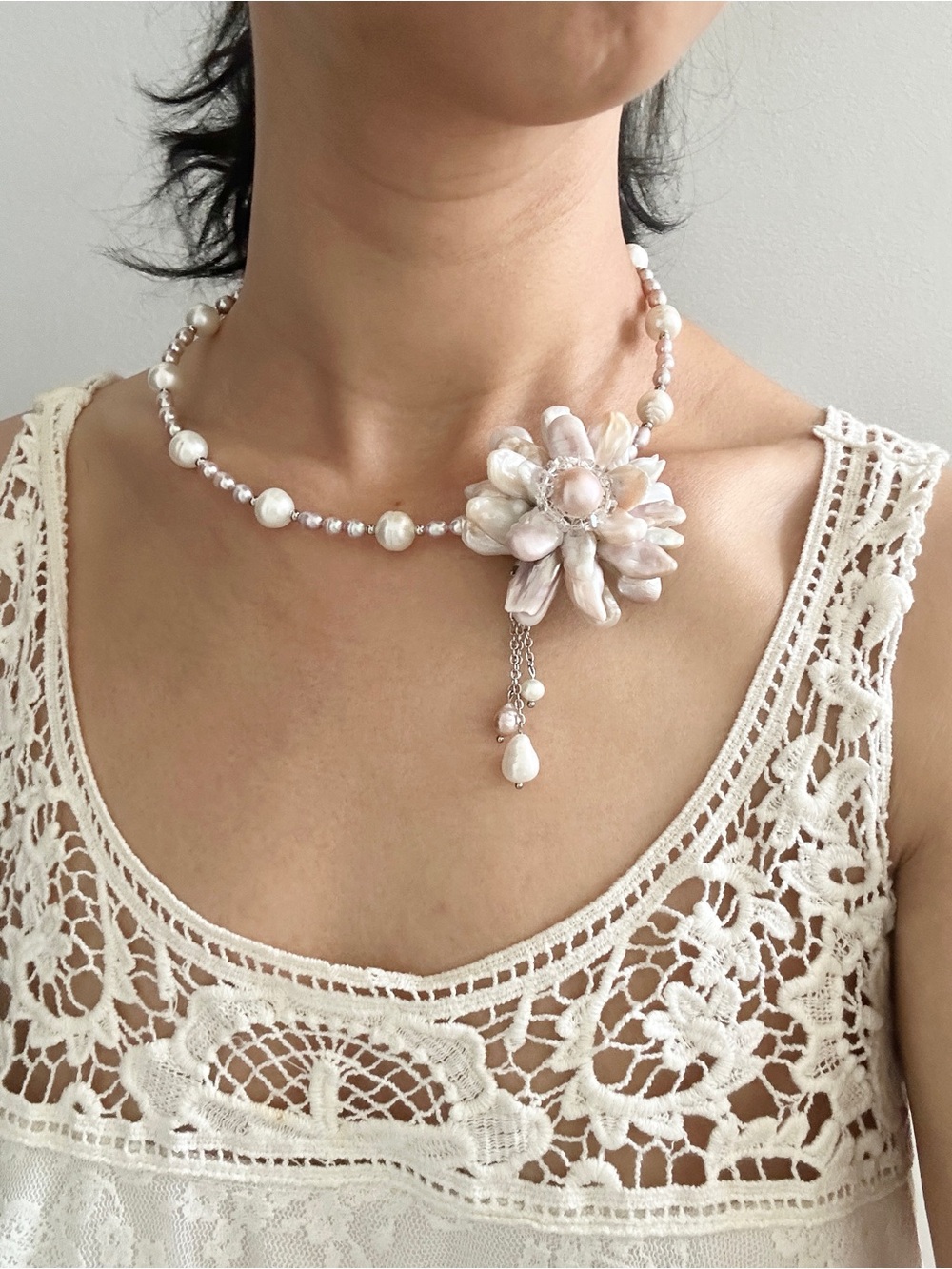 Handmade Freshwater Pearl Flower Necklace in Soft Pink and White